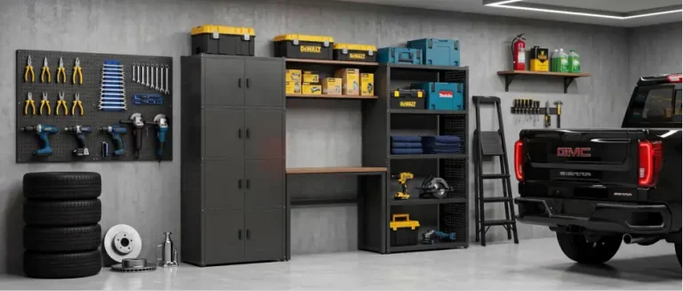 Organized garage space with tools on pegboard, storage shelves, and black pickup truck parked indoors