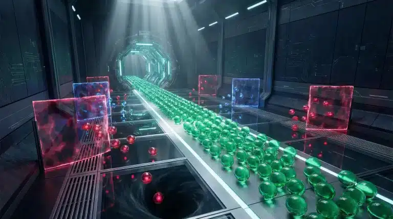 Green and red spheres in futuristic tunnel with glowing neon accents and metallic surfaces