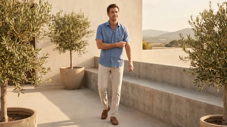 Man in blue shirt and beige pants walking on sunlit terrace with potted olive trees