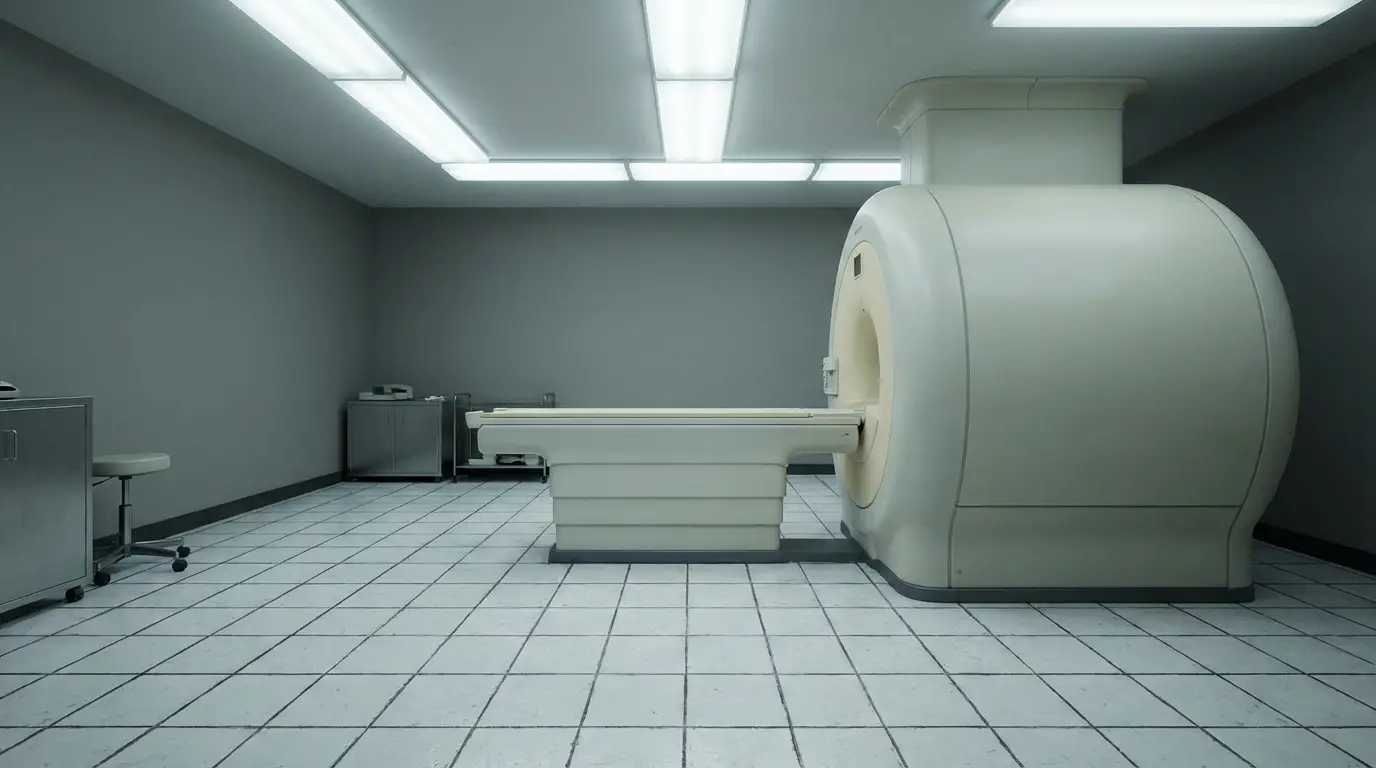 MRI machine in sterile, brightly lit hospital room with tiled flooring and metal cabinets