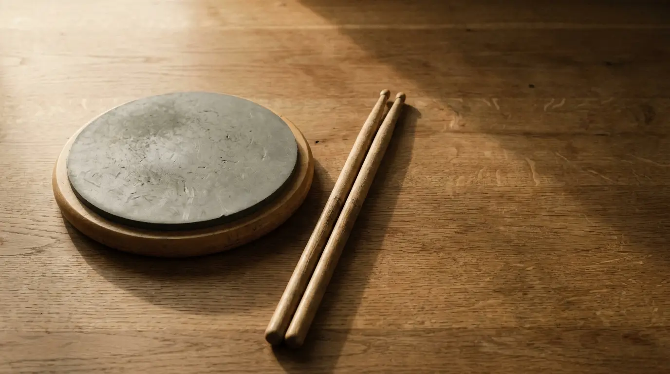Drum practice pad and sticks on wooden table under warm light