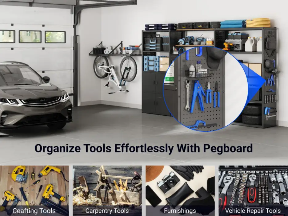 Organized garage with wall-mounted bike, gray car, pegboard tool storage, and metal shelves