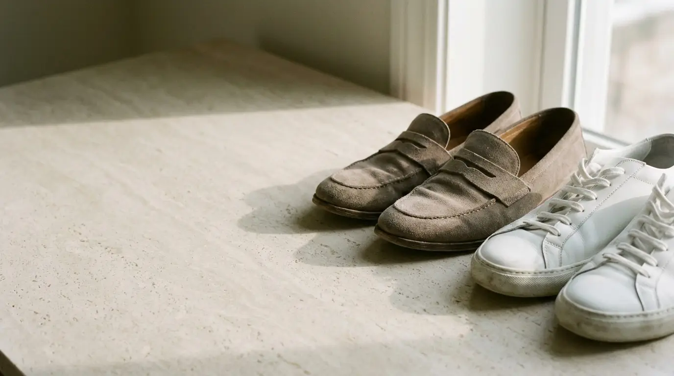 Brown suede loafers and white sneakers on light stone surface in natural sunlight