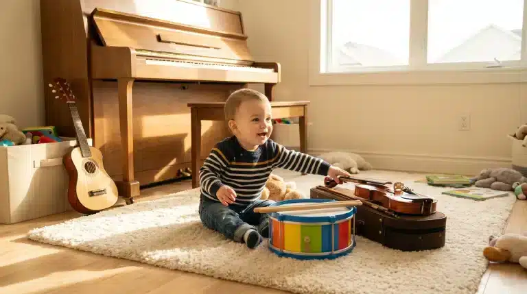 Toddler playing with drum and violin in sunlit room with wooden piano and toys