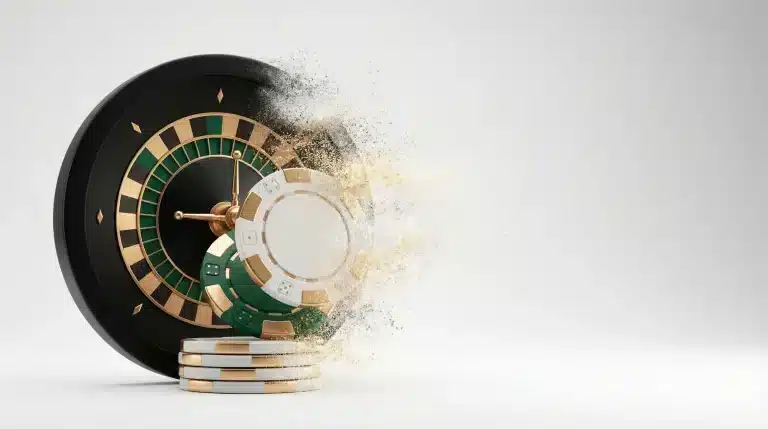 Roulette wheel and fading poker chips with gold particles on white background