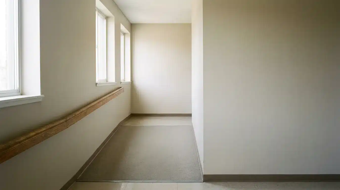Narrow beige hallway with windows and wooden handrail on left side
