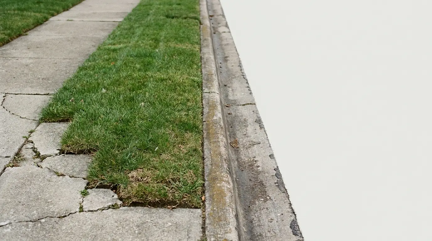 Cracked sidewalk with grass strip alongside concrete curb in residential area