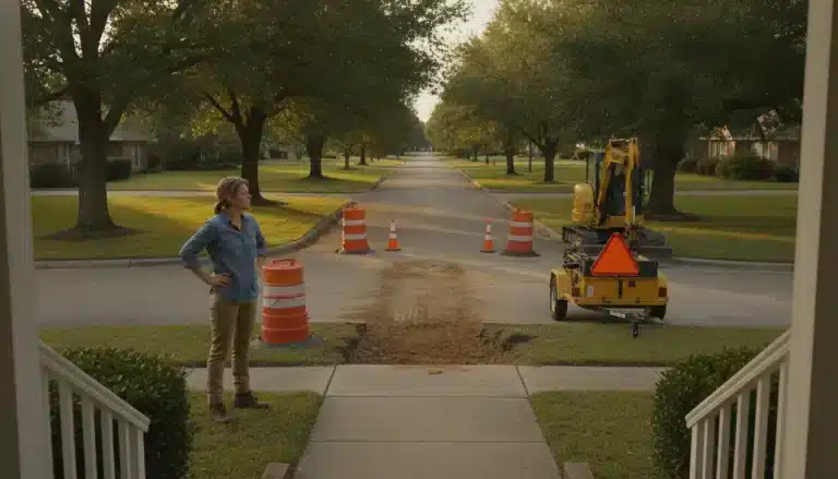 Road Work on Your Street: A Homeowner’s Guide to Construction Zones Woman standing near construction site with traffic cones and excavator on suburban street