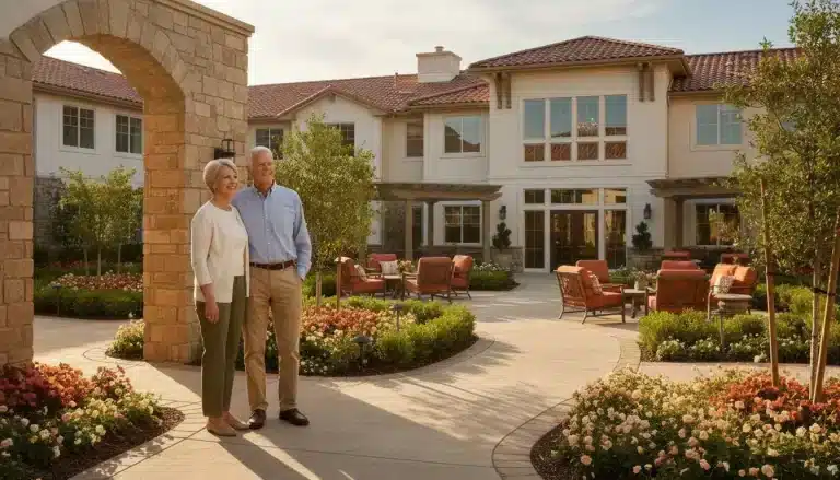 Elderly couple standing in a landscaped courtyard of a retirement community with outdoor seating