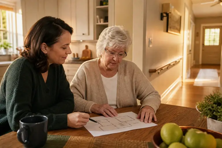 Two women discussing house plans at wooden table in sunlit kitchen with green apples nearby