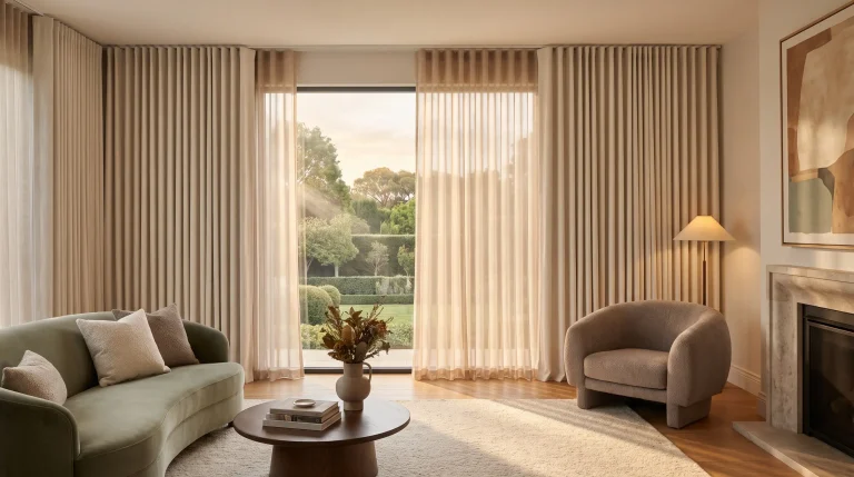 What Custom Window Treatments Actually Mean and Whether They Are Worth It Elegant living room with green sofa, textured armchair, large windows with sheer curtains, warm lighting