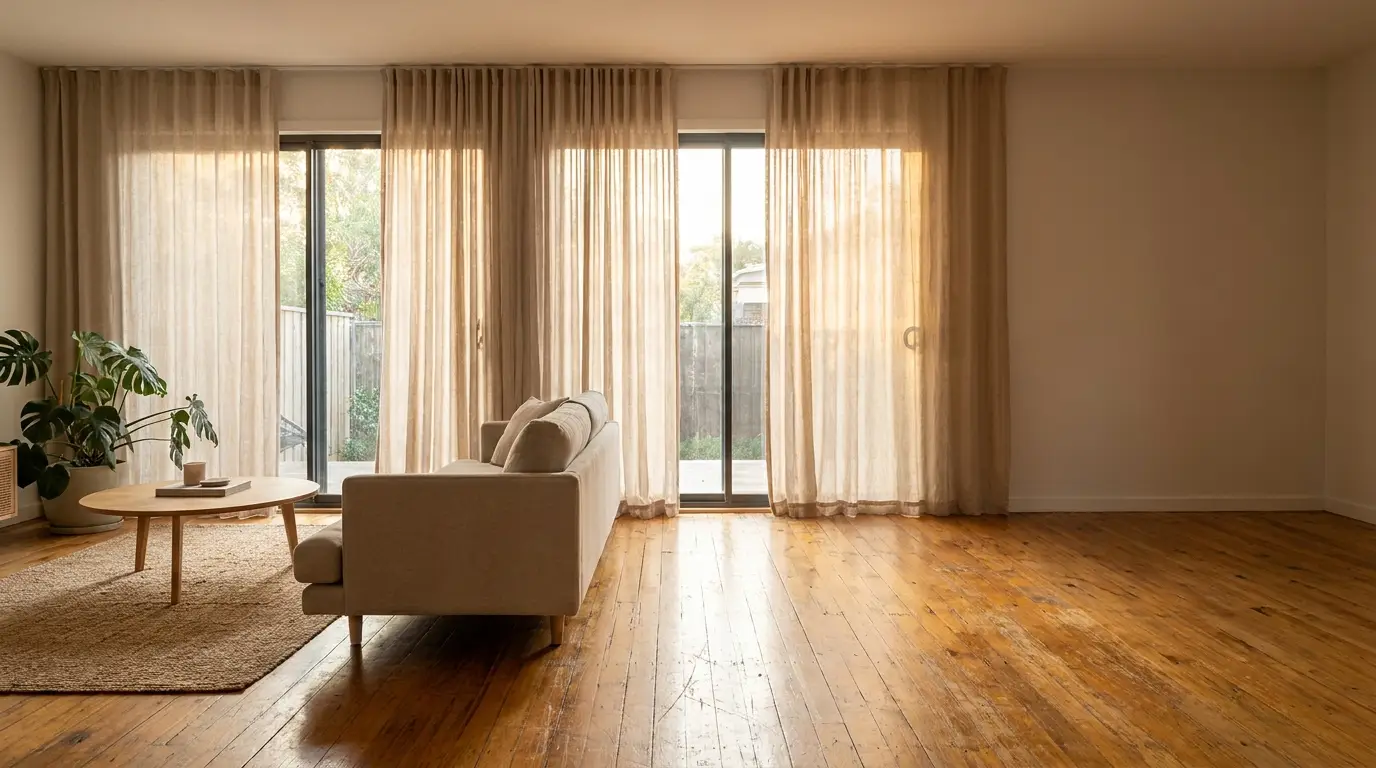 Modern living room with beige sofa, wooden coffee table, and sheer curtains under warm lighting