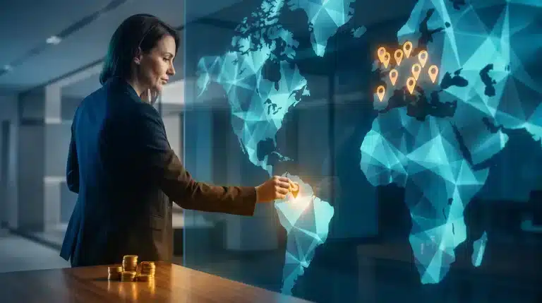 How to Scale Local Campaigns Into International Markets Without Burning Capital Woman in business attire interacting with digital world map in modern office setting
