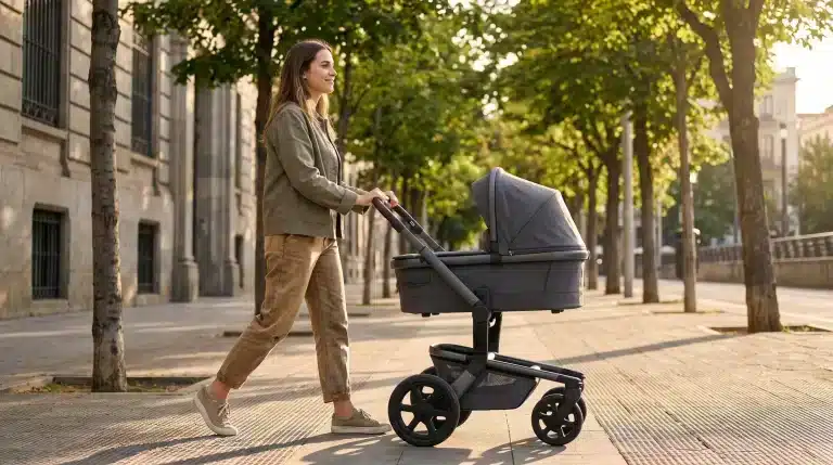 How to Choose a Stroller That Actually Fits Your Daily Routine Woman pushing stroller along tree-lined urban sidewalk in warm afternoon light