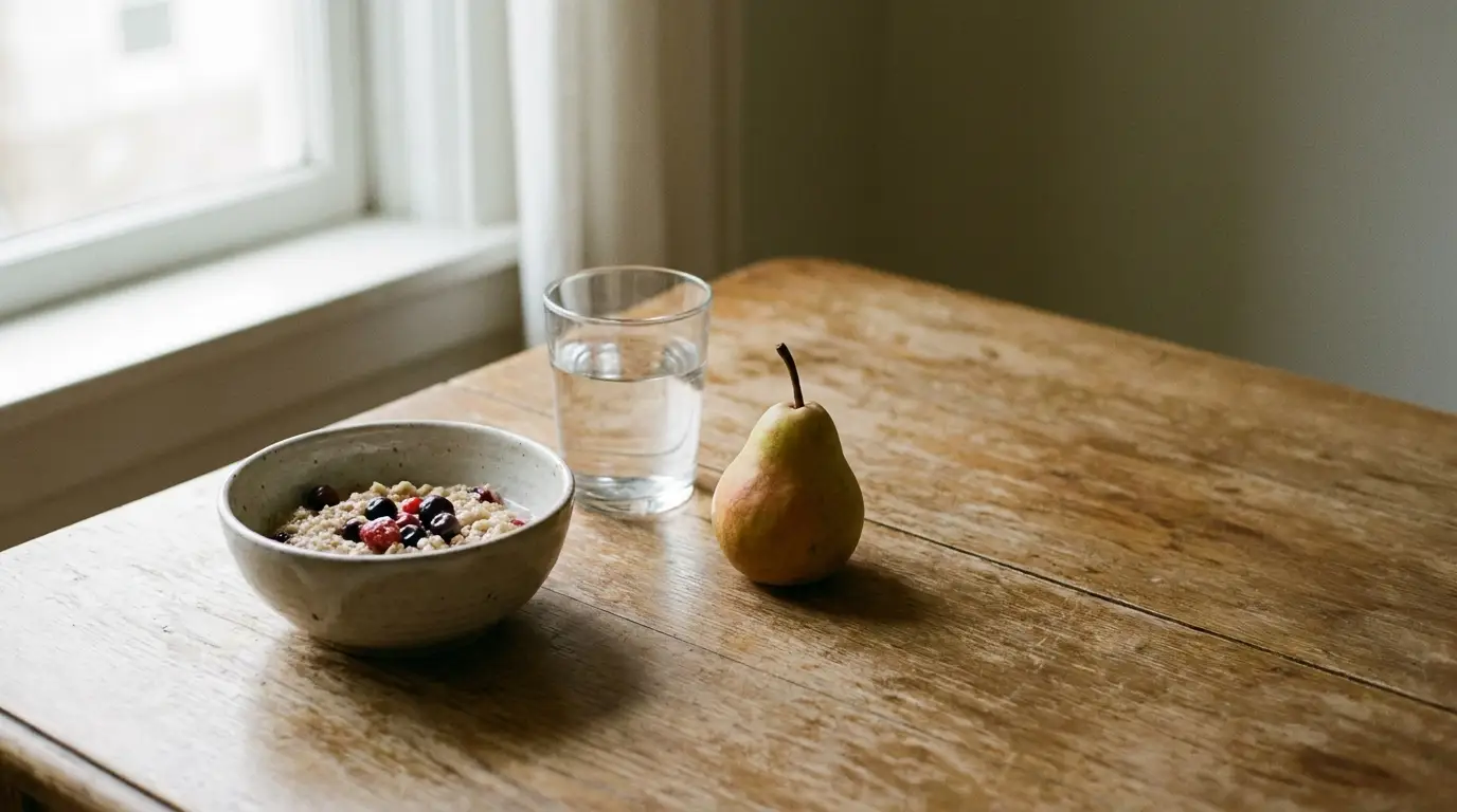 Bowl of oatmeal with berries, a pear, and glass of water on wooden table