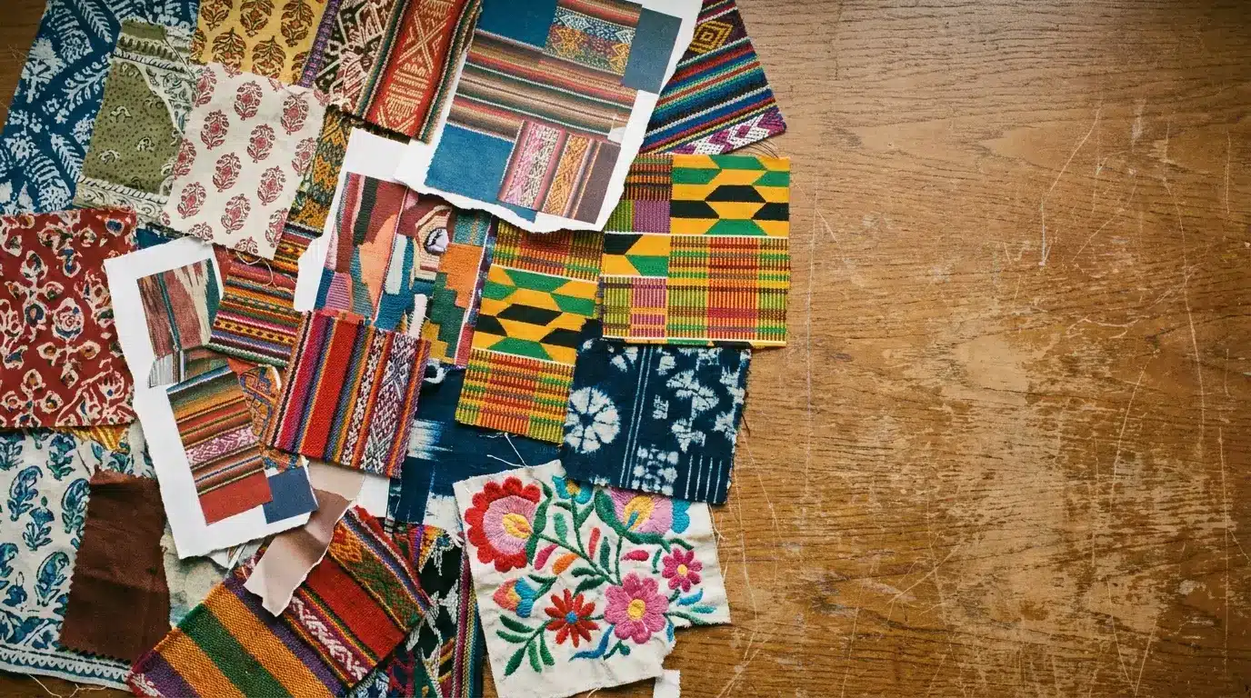 Colorful fabric swatches with various patterns on a rustic wooden table