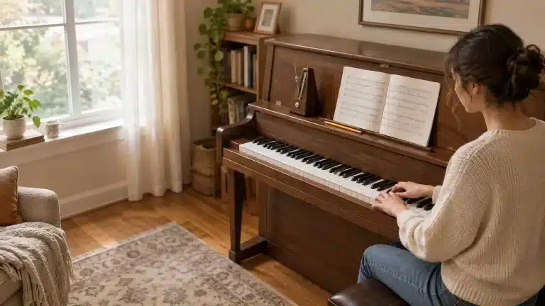 8 Common Beginner Piano Practice Mistakes and How to Fix Them Person playing upright piano in cozy living room with bookshelf and plants