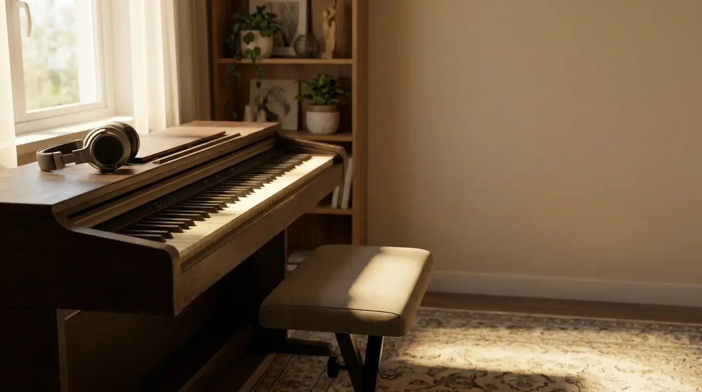 Wooden piano with headphones on top next to bench in sunlit room with plants