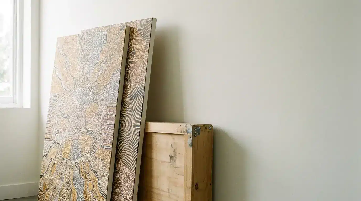 Two unframed ochre and charcoal patterned canvases leaning against a pale gallery wall beside a timber crate