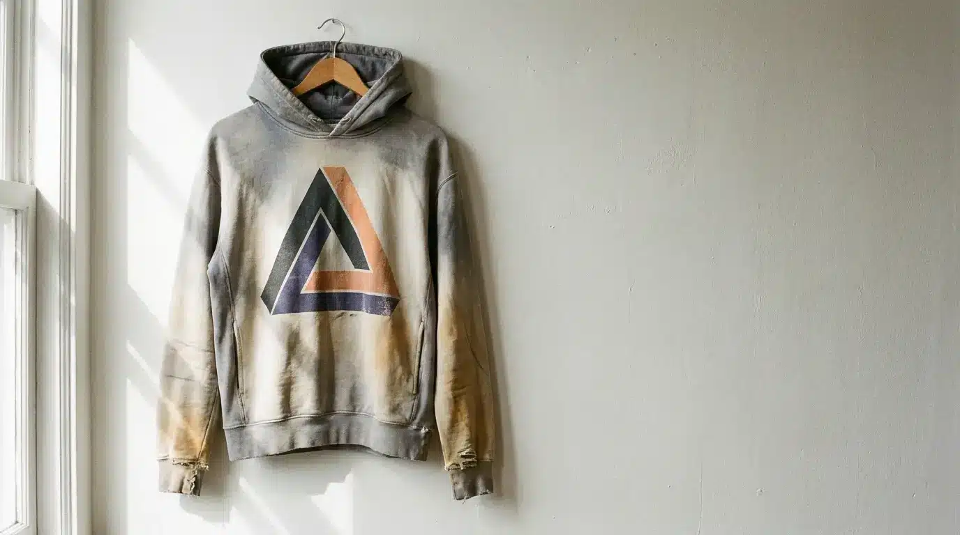 Hoodie with geometric design hanging on a wooden hanger against a light wall