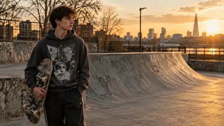 Palace And The Evolution Of Modern Streetwear Skateboarder in hoodie holding skateboard at urban skatepark during sunset